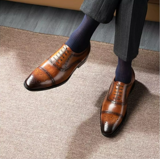 Handmade Men’s Tan Brogue Oxford Lace Up Shoes, Men Brown Dress Shoes, Shoes for Men