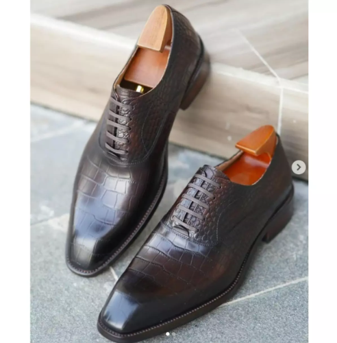 Handmade Mens Brown Alligators Lace Up Dress Shoes, Men Crocodile Texture Oxford Shoes