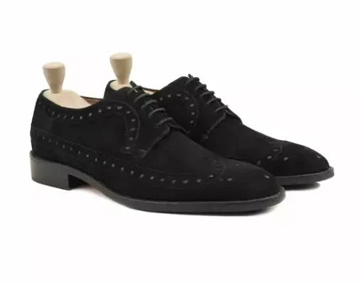 Handmade Men’s Black Brogue Oxford Dress Shoes, Men Black Suede Formal Shoes