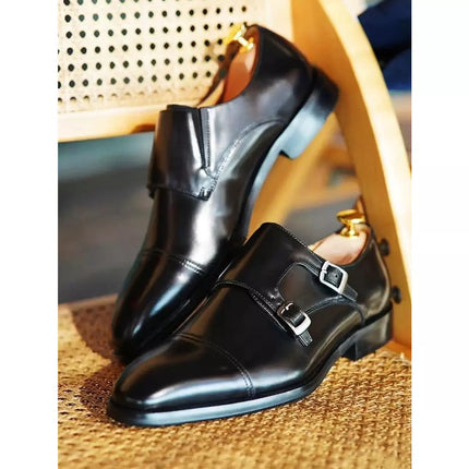 New Men Black Leather Handmade Double Monk Shoes, Men Brown Buckle Dress Shoes