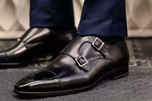 Handmade Black Double Buckle Dress Shoes for Men, Men Black Leather Monk Shoes