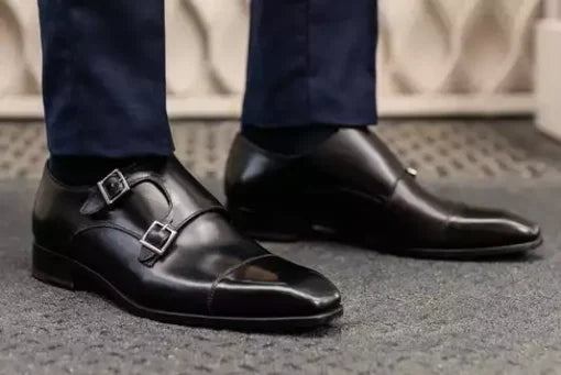 Handmade Black Double Buckle Dress Shoes for Men, Men Black Leather Monk Shoes