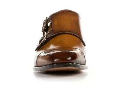 Handmade Men Brown Double Buckle Dress Shoes, Men Brown Leather Monk Shoes