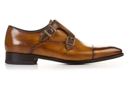 Handmade Men Brown Double Buckle Dress Shoes, Men Brown Leather Monk Shoes