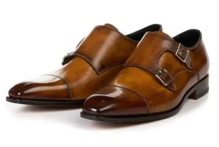 Handmade Men Brown Double Buckle Dress Shoes, Men Brown Leather Monk Shoes