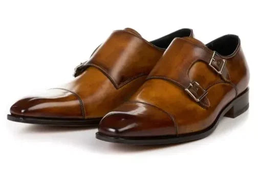 Handmade Men Brown Double Buckle Dress Shoes, Men Brown Leather Monk Shoes