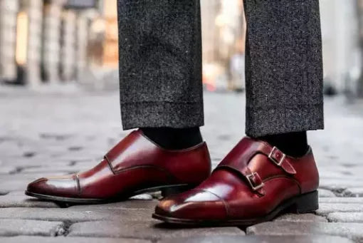 Maroon Double Buckle Handmade Dress Shoes for Men, Men Maroon Leather Monk Shoe