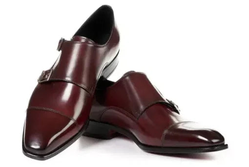 Maroon Double Buckle Handmade Dress Shoes for Men, Men Maroon Leather Monk Shoe