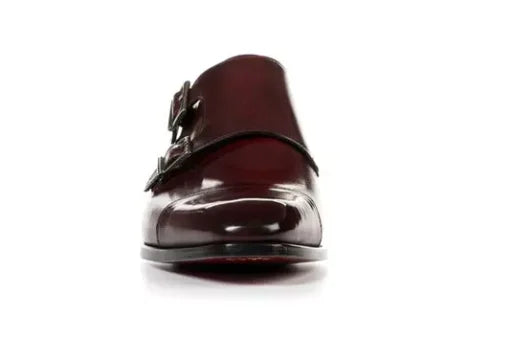 Maroon Double Buckle Handmade Dress Shoes for Men, Men Maroon Leather Monk Shoe