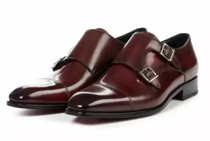 Maroon Double Buckle Handmade Dress Shoes for Men, Men Maroon Leather Monk Shoe