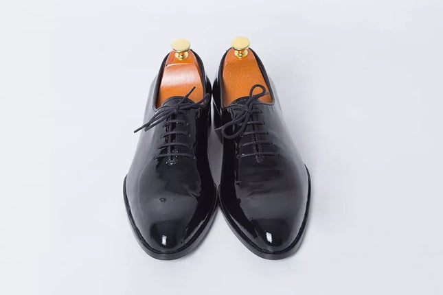 Handmade Men Black Patent Leather Wholecut Oxford Dress Shoes, Formal Shoes