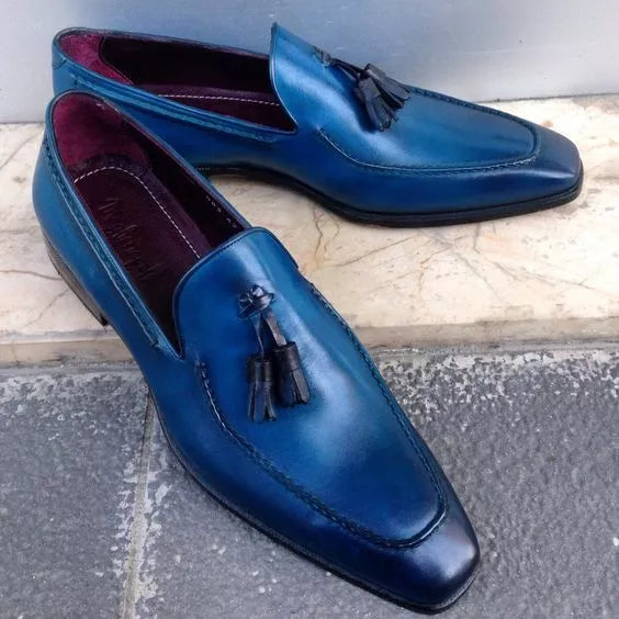 Men Blue Leather Party Tassel Loafer Handmade Shoes, Penny Loafers