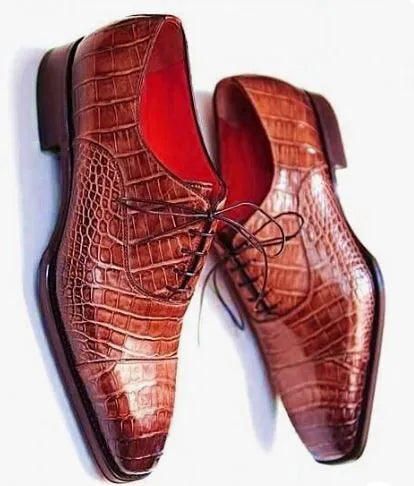 New Handmade Men’s Maroon Lace Up Formal Dress Business Shoes, Crocodile Texture Leather Office shoes