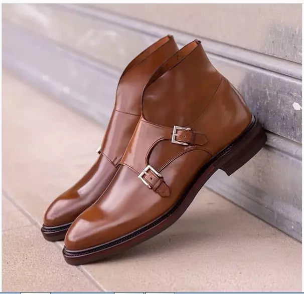 Handmade Men Brown Double Monk Strap Stylish Ankle Boots, Winter Boots