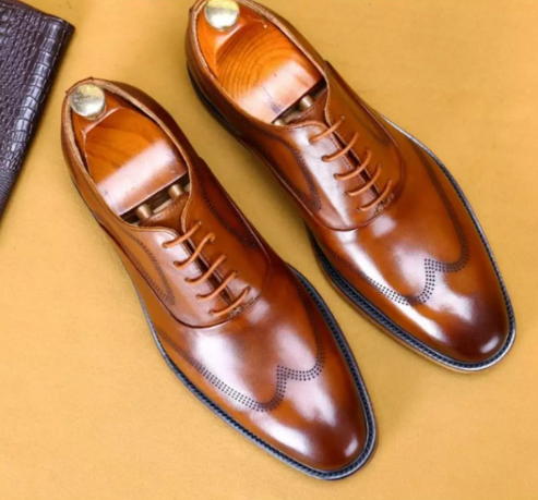 New Men Tan Brogue Wing Tip Oxford Handmade Leather Lace Up Dress Shoes, Men Wingtip Dress Shoes, Mens Shoe