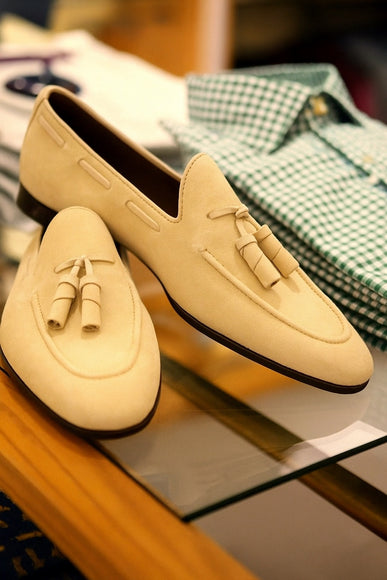 Handmade Men Beige Color Suede Office Moccasins For Mens, Tassels Shoes For Mens