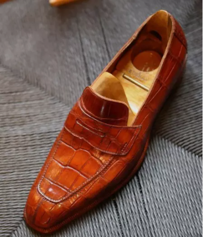 Handmade Men’s Tan Square Toe Crocodile Texture Leather Moccasin Dress Shoes