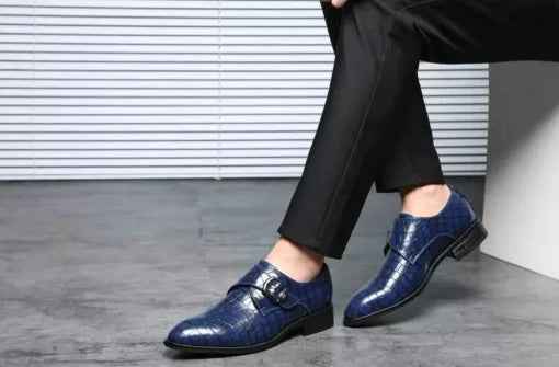 Handmade men blue monk strap shoes, crocodile textured leather shoes, dress shoe