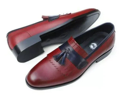 Handmade Men Red and Blue Leather Tassel Loafer Shoes, Men Party slip on Shoes