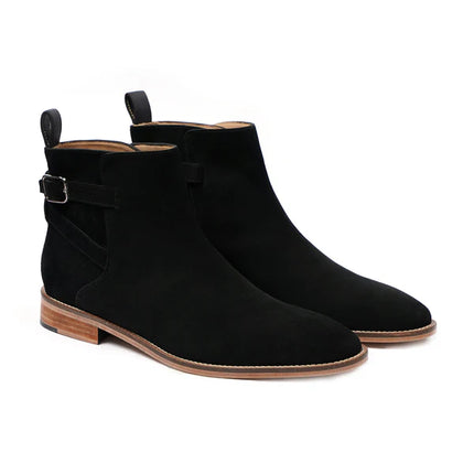 Handmade Men Black Suede Low Ankle Side Buckle Chelsea Office Boot, Party Boot
