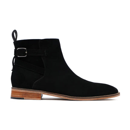 Handmade Men Black Suede Low Ankle Side Buckle Chelsea Office Boot, Party Boot