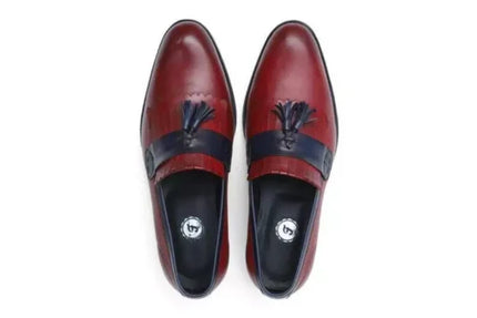 Handmade Men Red and Blue Leather Tassel Loafer Shoes, Men Party slip on Shoes
