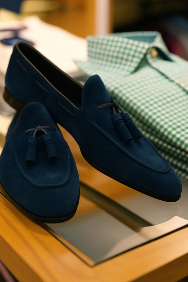 Handmade Men Blue Color Suede Office Moccasins For Mens, Tassels Shoes For Mens