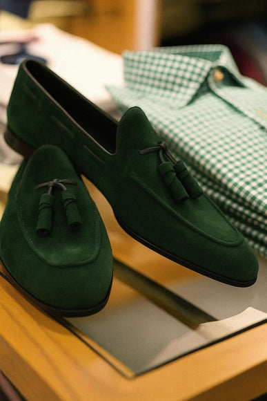Handmade Men Dark Green Suede Office Moccasins For Mens, Tassels Shoes For Mens