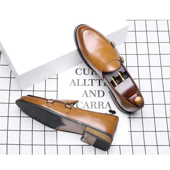 Handmade Men Tan Double Buckle Penny Loafers Leather Dress Slip Ons Shoes