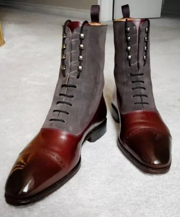 Handmade Mens Two Tone Ankle Boots, Men Lace up Dress Boot, brown and gray boots