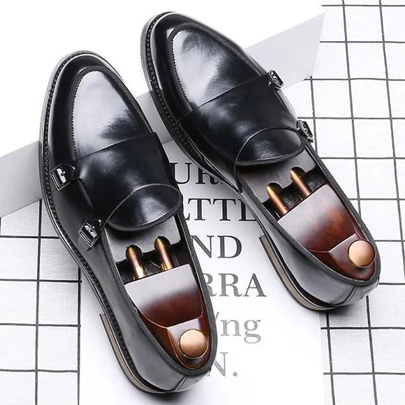 Handmade Men Black Double Buckle Penny Loafers Leather Dress Slip Ons Shoes