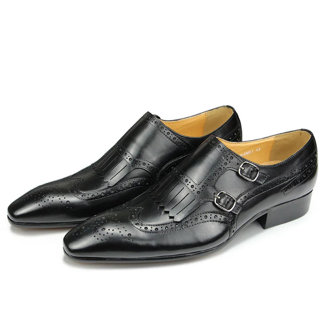 Handmade Men Black Wing Tip, Brogue Leather Formal Fringes Buckle Dress Shoes