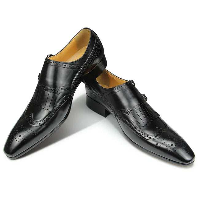 Handmade Men Black Wing Tip, Brogue Leather Formal Fringes Buckle Dress Shoes