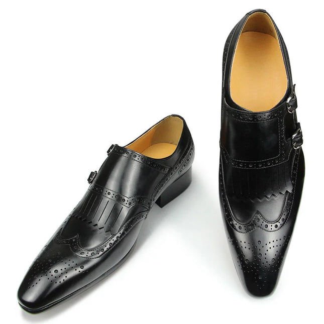 Handmade Men Black Wing Tip, Brogue Leather Formal Fringes Buckle Dress Shoes