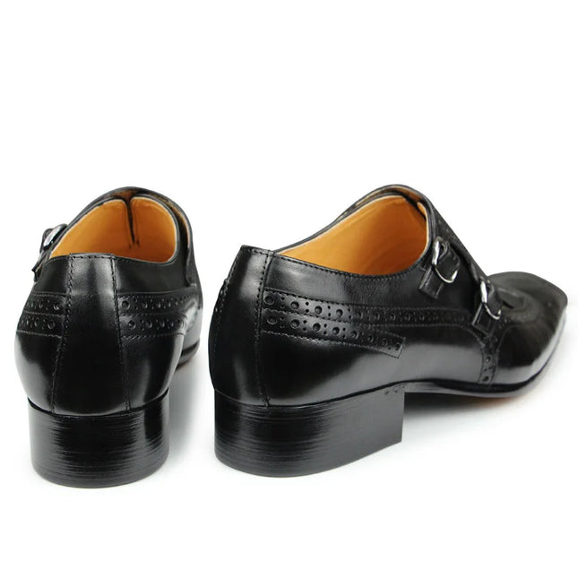 Handmade Men Black Wing Tip, Brogue Leather Formal Fringes Buckle Dress Shoes
