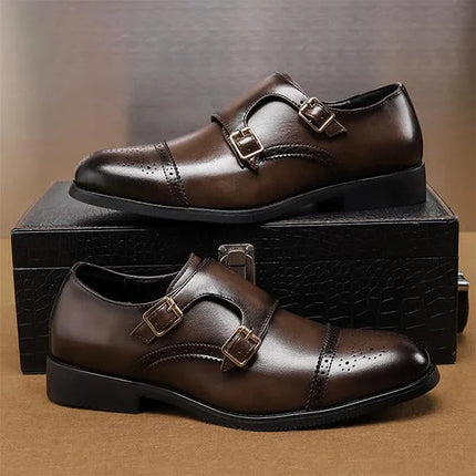Handmade Men Dark Brown Double Buckle Office Brogue Shoes, Formal Business Shoes