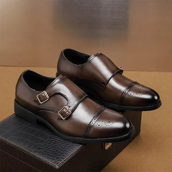 Handmade Men Dark Brown Double Buckle Office Brogue Shoes, Formal Business Shoes