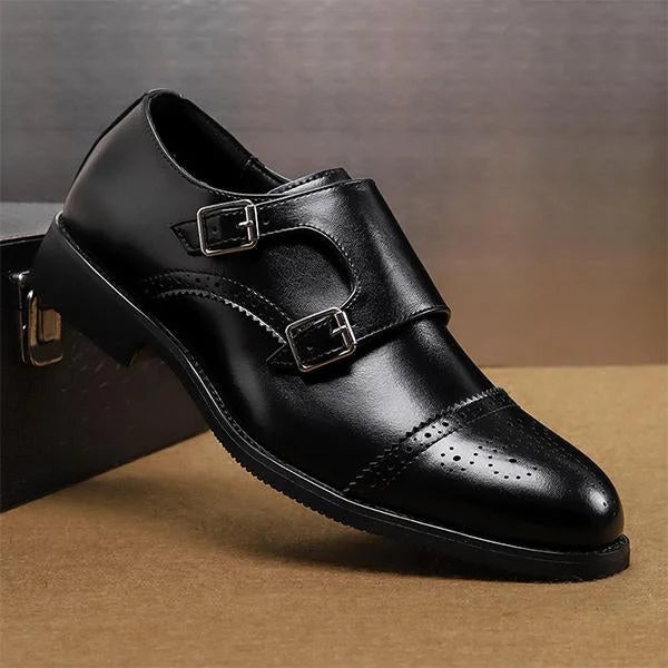 Handmade Men Black Double Buckle Office Brogue Shoes, Formal Business Shoes