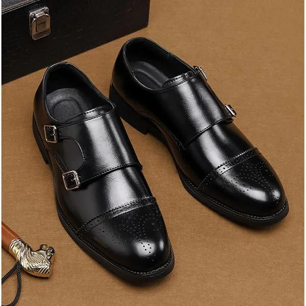 Handmade Men Black Double Buckle Office Brogue Shoes, Formal Business Shoes