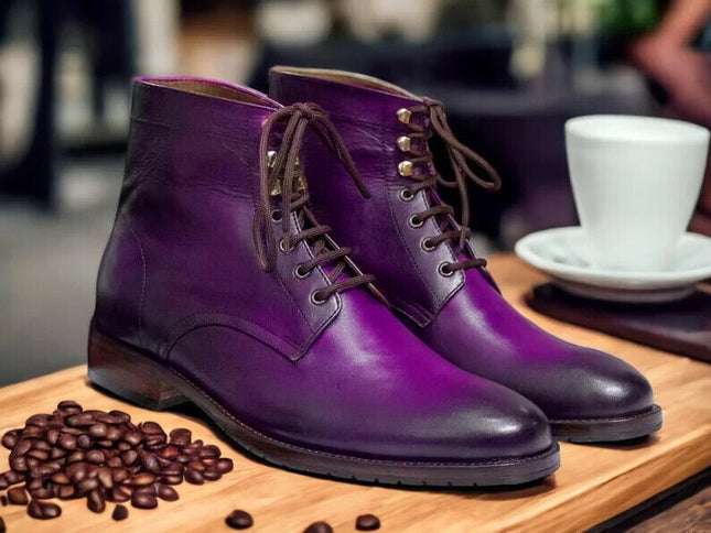 Handmade Men Purple Leather Ankle Oxford Lace Up Business Boots, Party Wear Boot