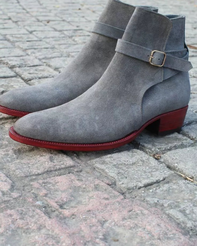 Handmade men gray suede dress jodhpur boots, formal office buckle boots mens