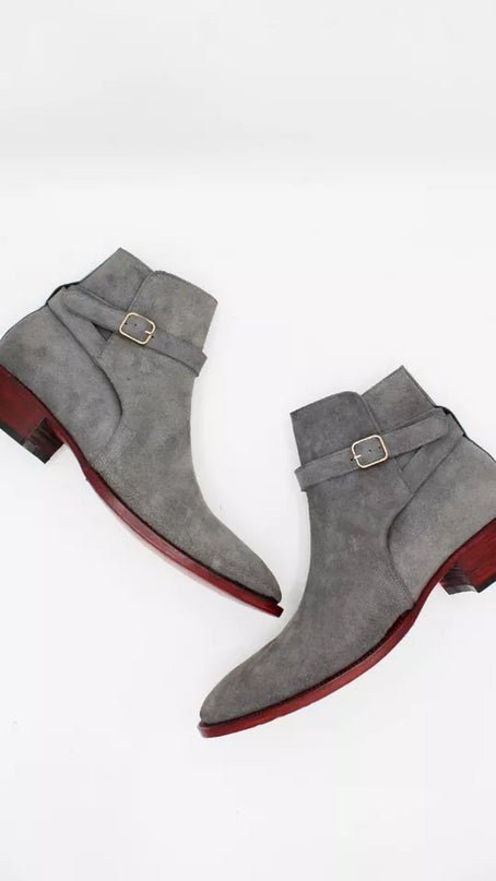 Handmade men gray suede dress jodhpur boots, formal office buckle boots mens