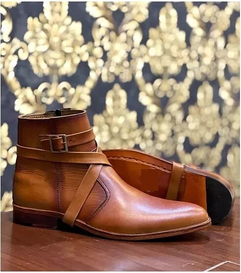 Men Handmade Tan Leather Jodhpurs Buckle Dress boots, Leather Ankle boots