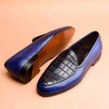 Handmade Blue Tone Crocodile Texture Leather Moccasin Shoes for Men,
