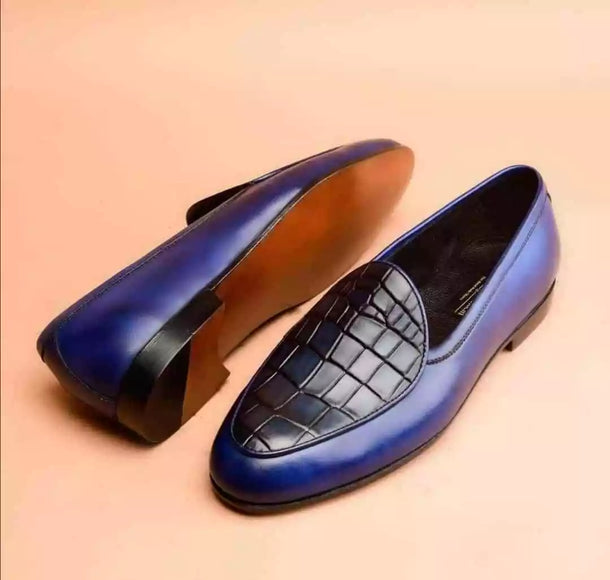 Handmade Blue Tone Crocodile Texture Leather Moccasin Shoes for Men,