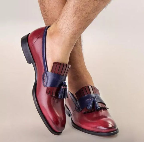 Handmade Men’s Fringes Tassels Slip On Dress Shoes, Real Leather Office Shoes