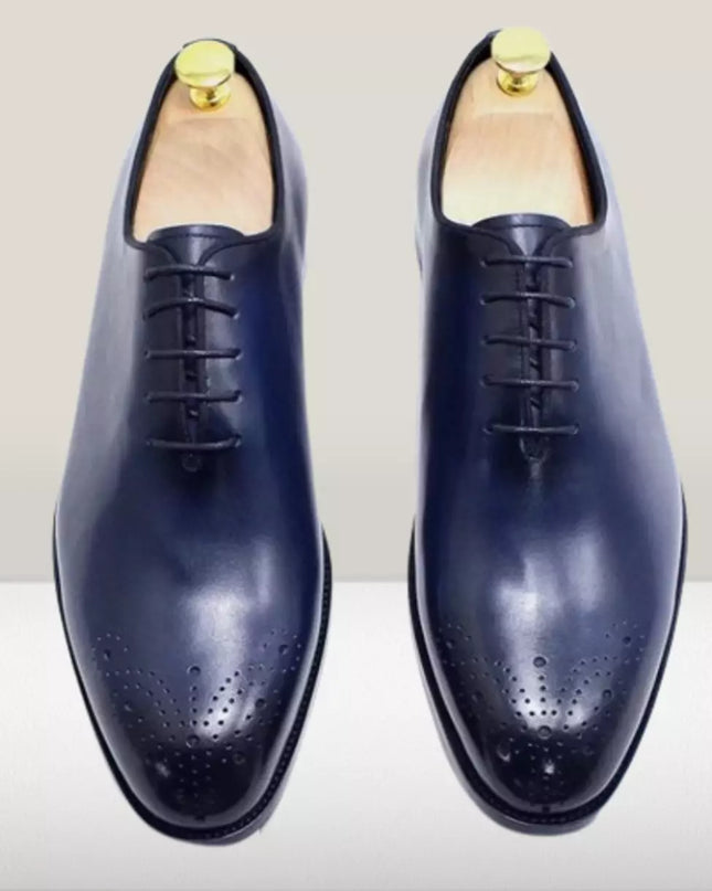 Handmade Mens Blue Tuxedo Brogue Shoes, Men Leather Oxford Shoes, Men Brogue Shoes