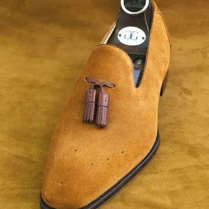 Handmade men tan suede moccasin shoes, formal brogue dress moccasin shoes mens
