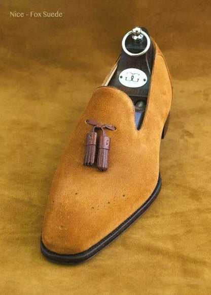 Handmade men tan suede moccasin shoes, formal brogue dress moccasin shoes mens