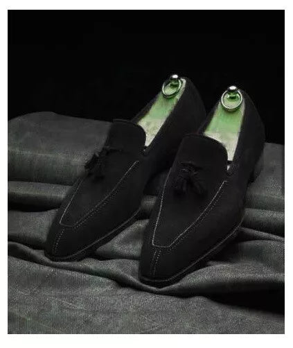 Handmade black suede moccasin, dress shoes men, loafer slip ons tassels shoes